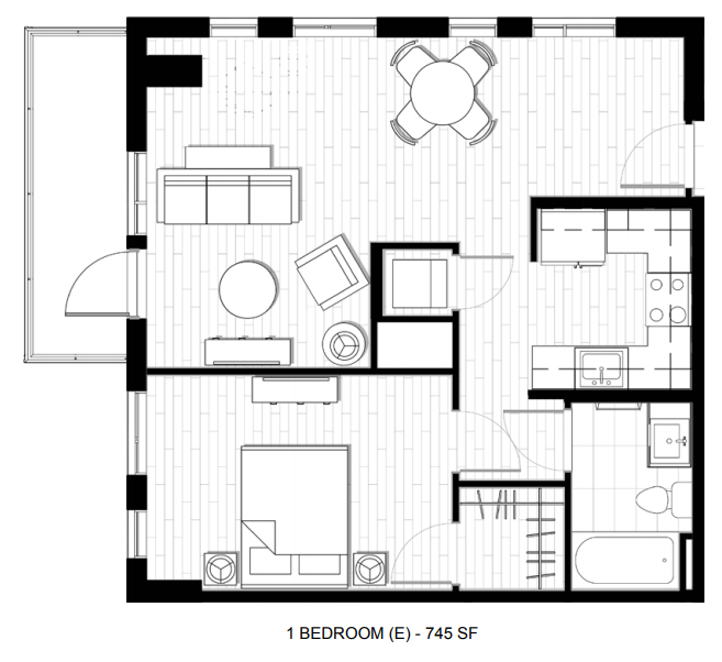 Floor plan for 1 bed, 1 bath, 745 sqft